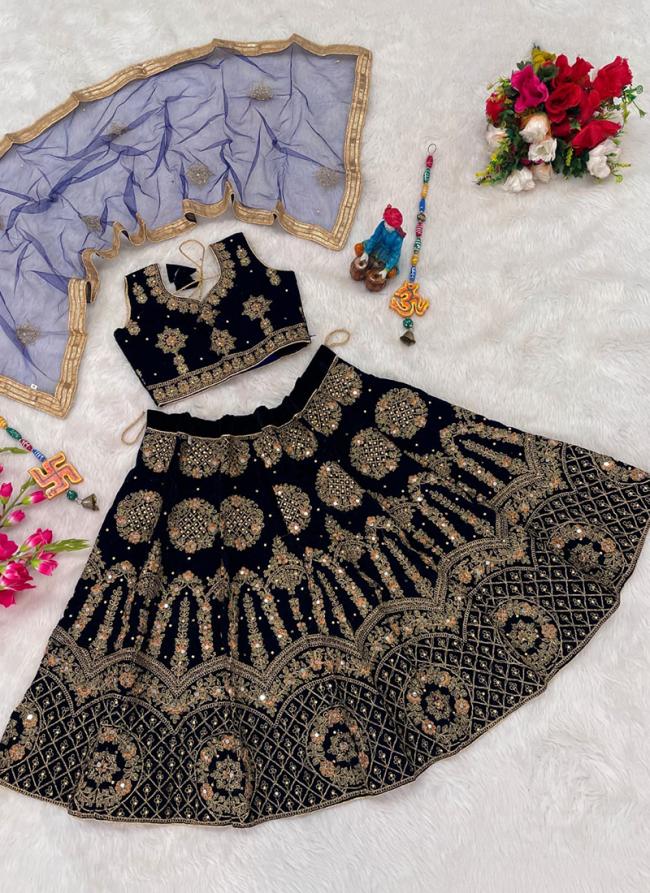 Blue 9000 Velvet Party Wear Embroidery Work Readymade Kids Lehenga Choli