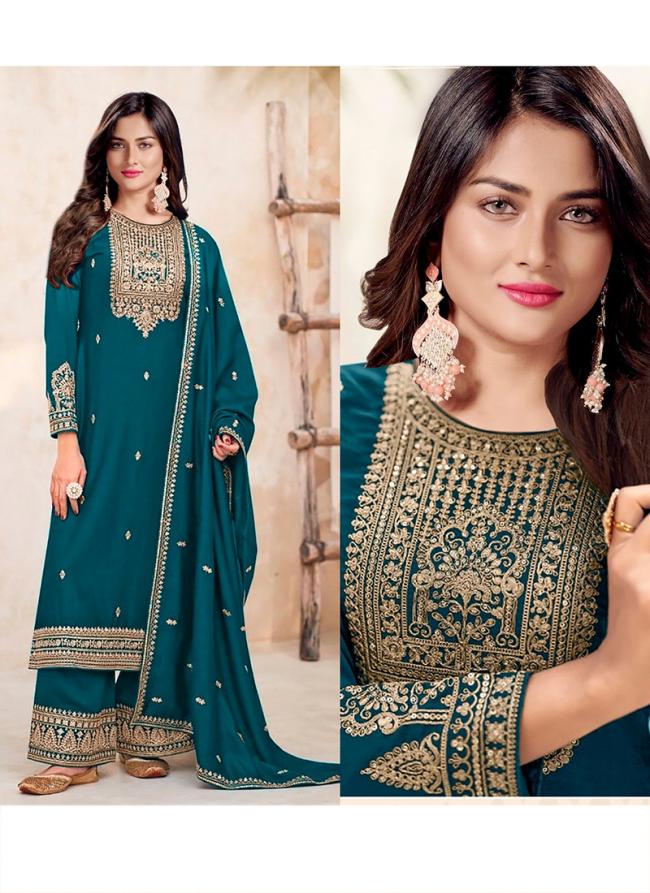 Blue Premium Silk Party Wear Embroidery Work Readymade Plazzo Suit