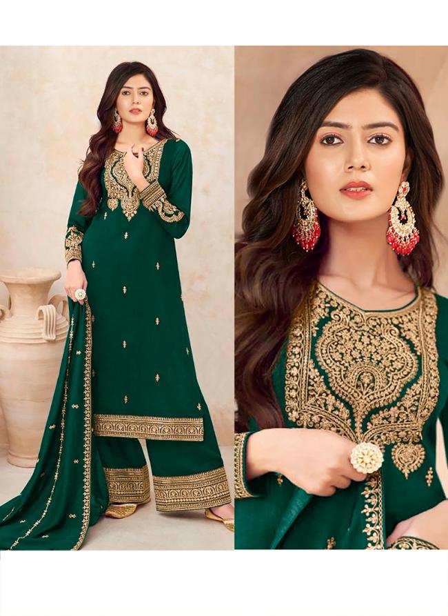 Green Premium Silk Party Wear Embroidery Work Readymade Plazzo Suit