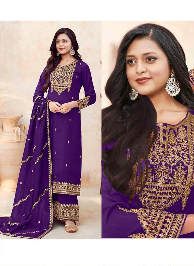 Purple Premium Silk Party Wear Embroidery Work Readymade Plazzo Suit