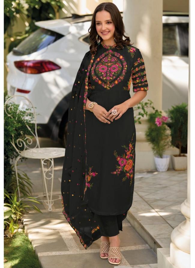 Black Roman Silk Party Wear Embroidery Work Readymade Straight Suit