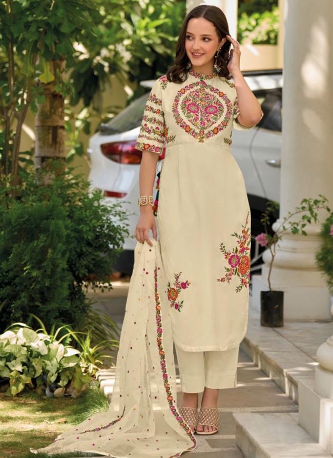Cream Roman Silk Party Wear Embroidery Work Readymade Straight Suit