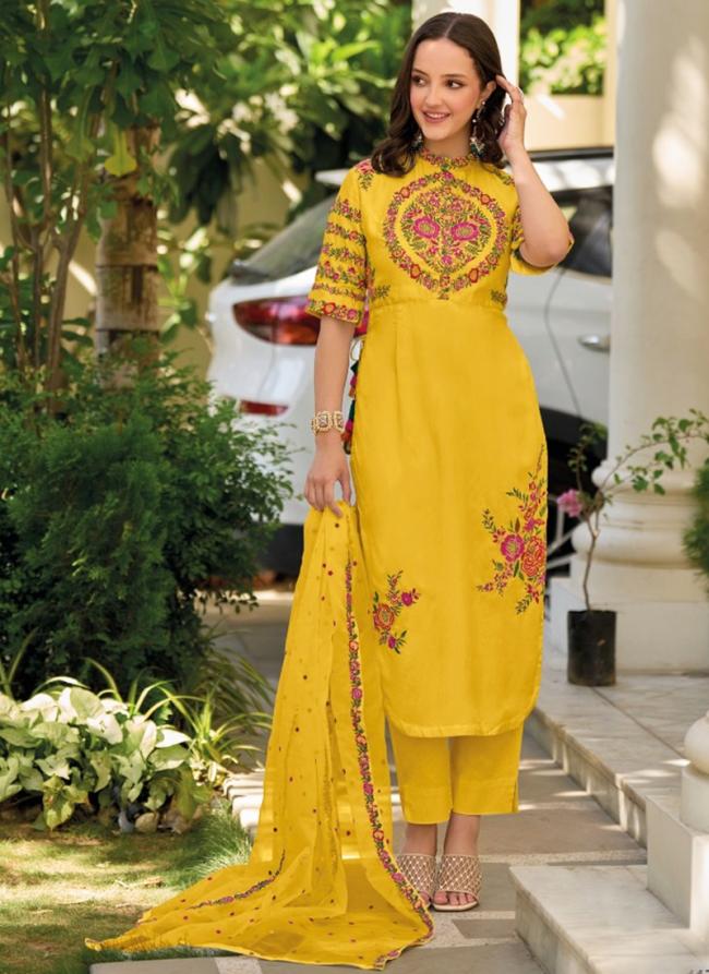 yellow Roman Silk Party Wear Embroidery Work Readymade Straight Suit