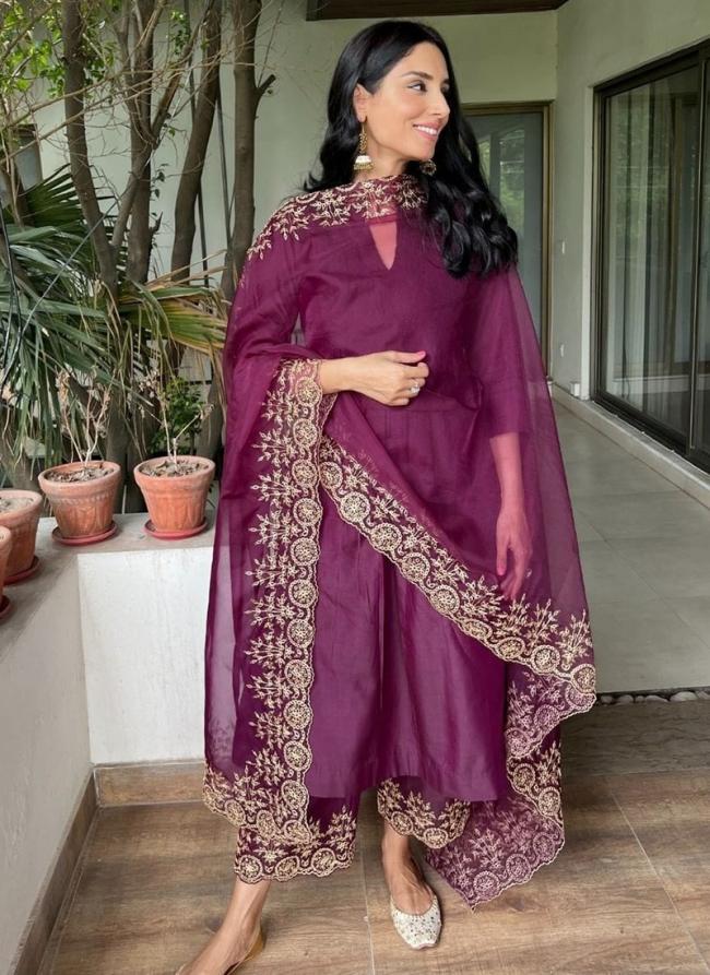 Purple Chanderi Silk Party Wear Embroidery Work Readymade Salwaar Suit 