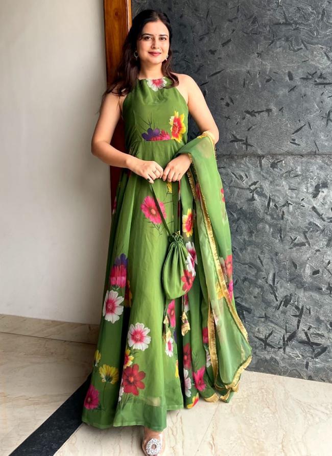 Green Georgette Party Wear Digital Printed Readymade Gown With Dupatta