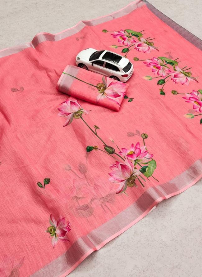 Pink Linen Party Wear Digital Printed Saree