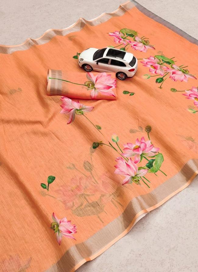 orange Linen Party Wear Digital Printed Saree