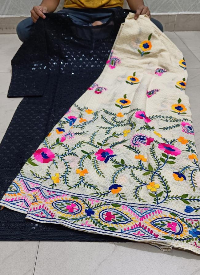 Dark Blue Cotton Camric Casual Wear Sequins Work Readymade Phulkari Kurti And Sharara Suit
