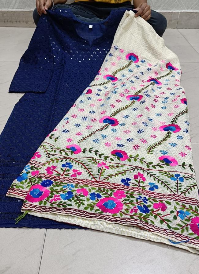 Navy Blue Cotton Camric Casual Wear Sequins Work Readymade Phulkari Kurti And Sharara Suit