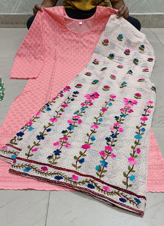 Pink Cotton Camric Casual Wear Sequins Work Readymade Phulkari Kurti And Sharara Suit