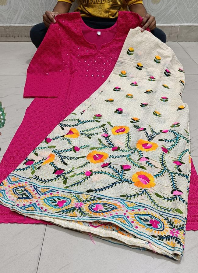 Rani Pink Cotton Camric Casual Wear Sequins Work Readymade Phulkari Kurti And Sharara Suit