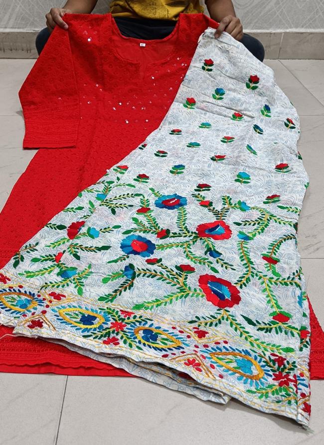 Red Cotton Camric Casual Wear Sequins Work Readymade Phulkari Kurti And Sharara Suit