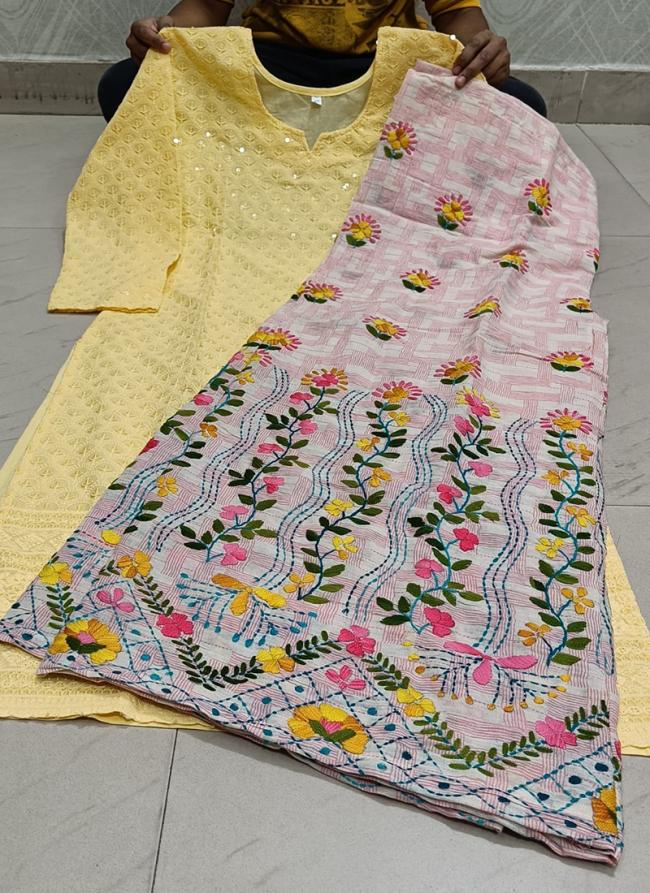 Yellow Cotton Camric Casual Wear Sequins Work Readymade Phulkari Kurti And Sharara Suit