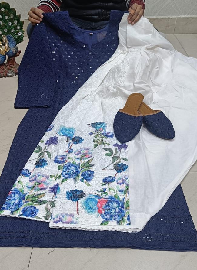 Blue Cotton Festival Wear Sequins Work Readymade Phulkari Kurti And Sharara Suit