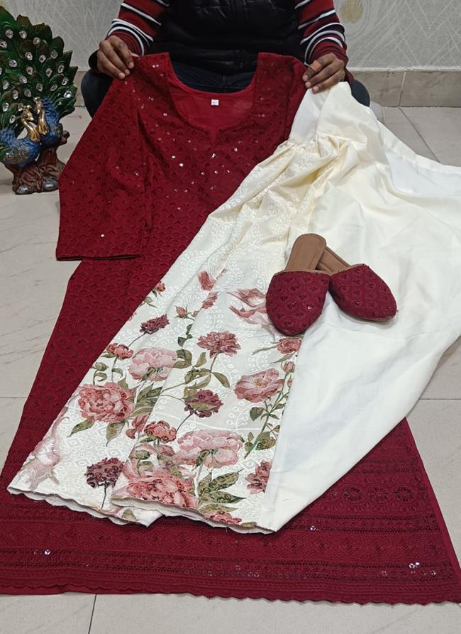 Maroon Cotton Festival Wear Sequins Work Readymade Phulkari Kurti And Sharara Suit