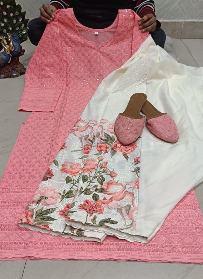 Pink Cotton Festival Wear Sequins Work Readymade Phulkari Kurti And Sharara Suit