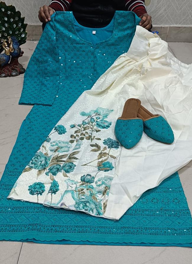 Sky Blue Cotton Festival Wear Sequins Work Readymade Phulkari Kurti And Sharara Suit