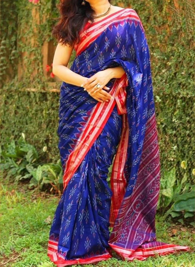 Bright Blue Linen Traditional Wear Digital Printed Saree