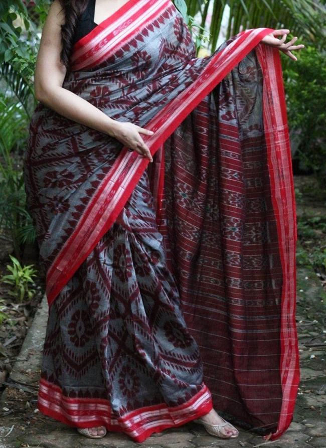 Red Grey Linen Traditional Wear Digital Printed Saree