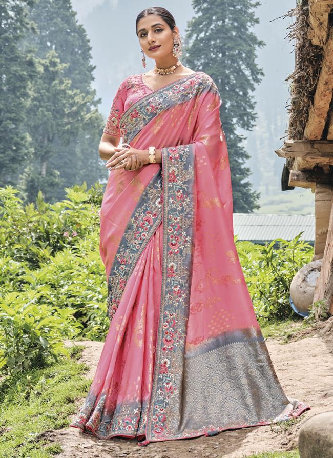 Pink Silk Wedding Wear Heavy Work Saree