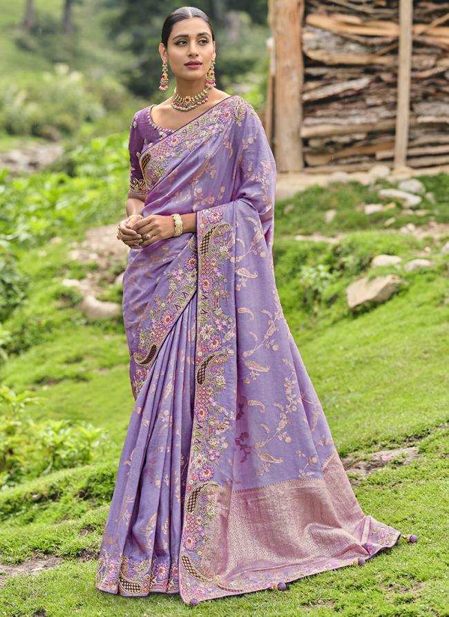 Purple Silk Wedding Wear Heavy Work Saree