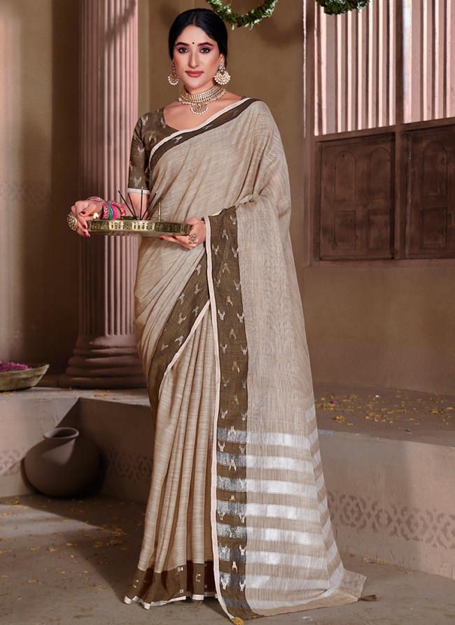 Brown Linen Party Wear Weaving Saree