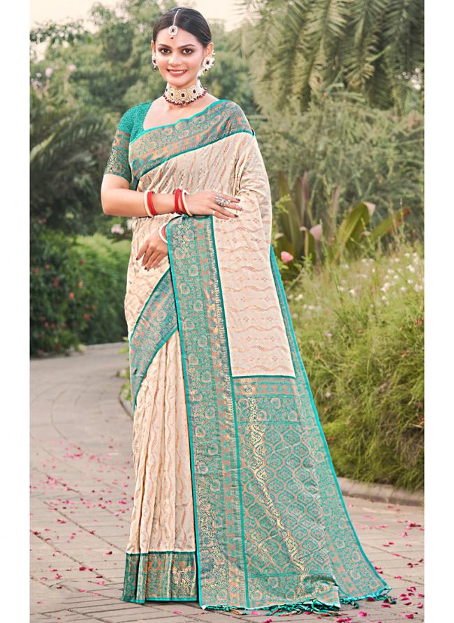 Cream Banarasi Silk Wedding Wear Weaving Saree
