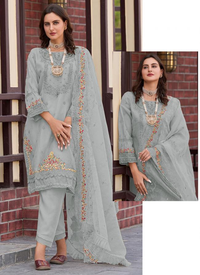 Grey Organza Party Wear Embroidery Work Readymade Straight Suit