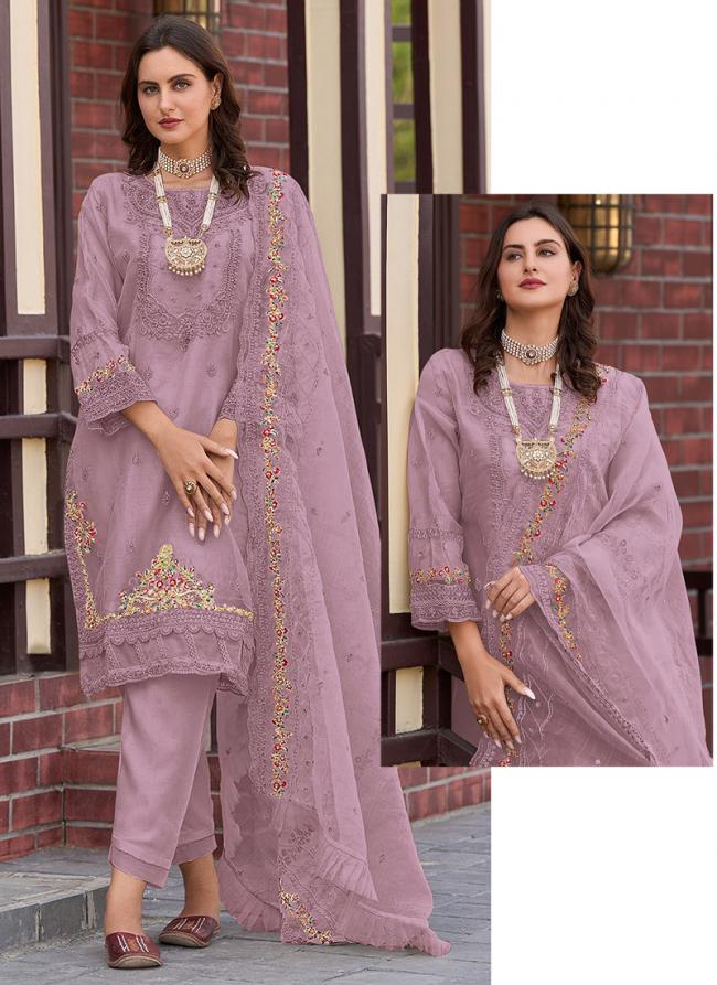 Purple Organza Party Wear Embroidery Work Readymade Straight Suit