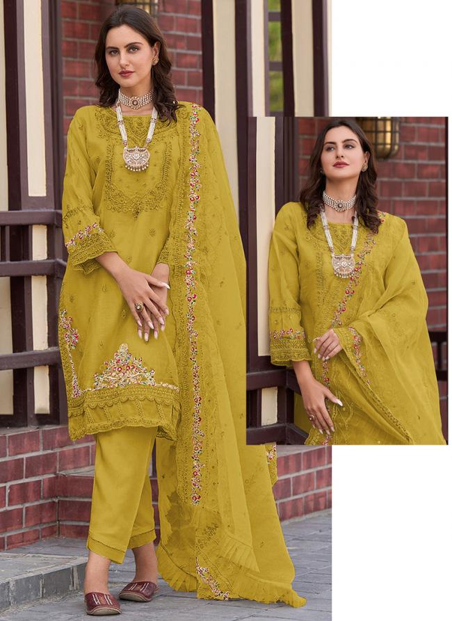 Yellow Organza Party Wear Embroidery Work Readymade Straight Suit