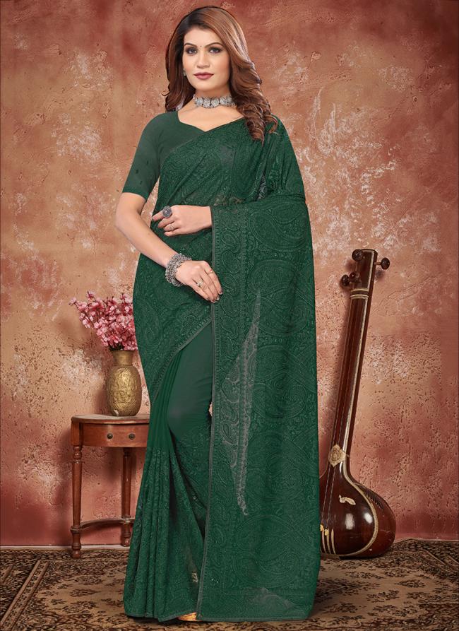 Bottle Green Georgette Party Wear Embroidery Work Saree