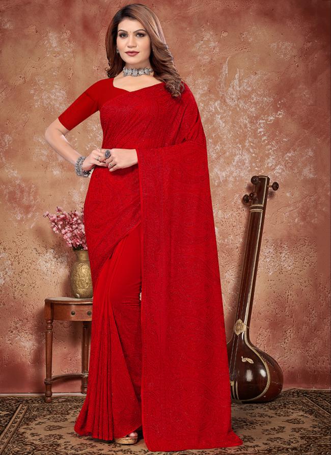 Red Georgette Party Wear Embroidery Work Saree