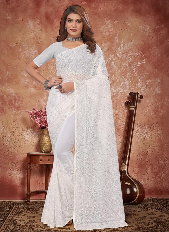 White Georgette Party Wear Embroidery Work Saree