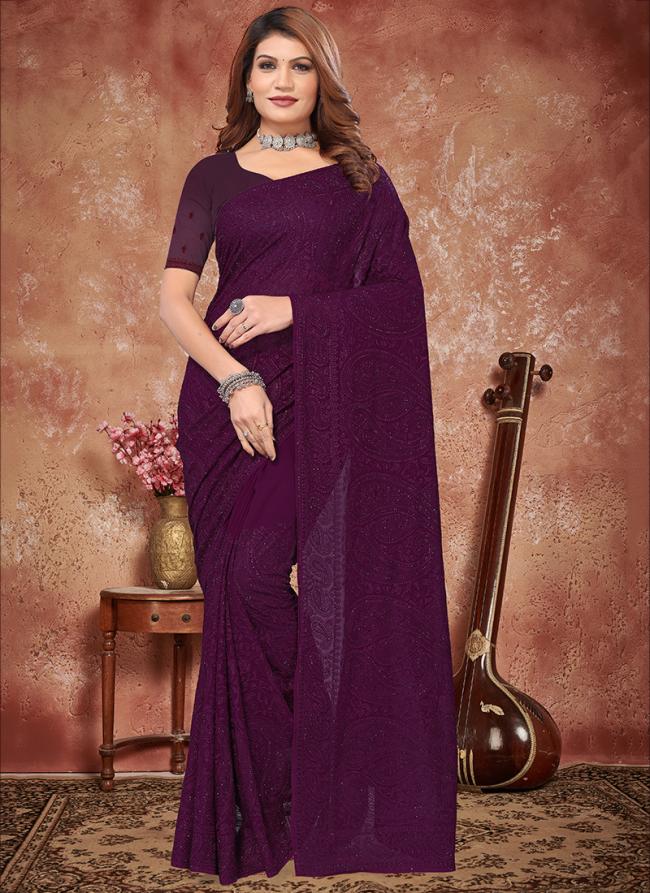 Wine Georgette Party Wear Embroidery Work Saree