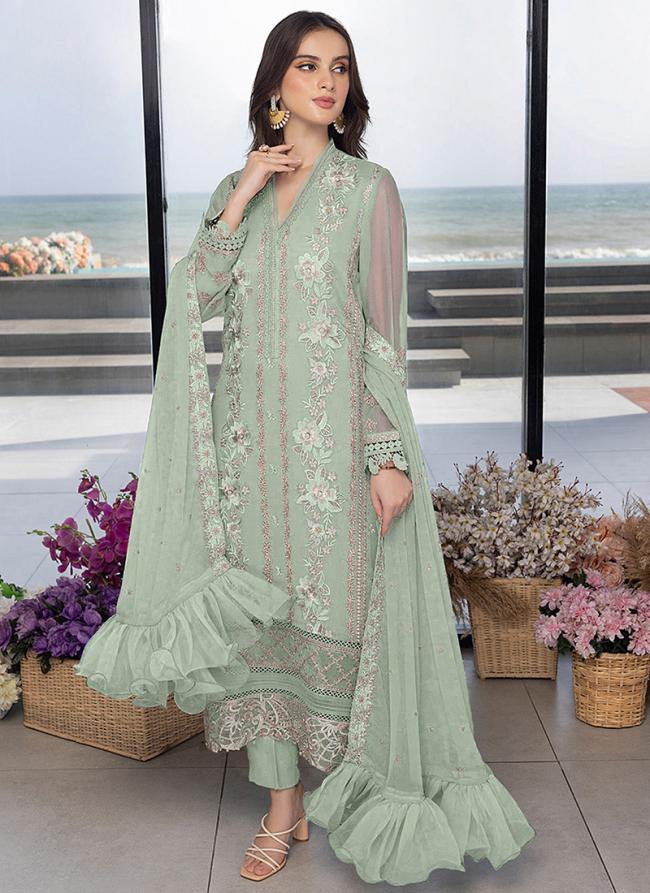 Pista Green Faux Georgette Eid Wear Embroidery Work Pakistani Suit