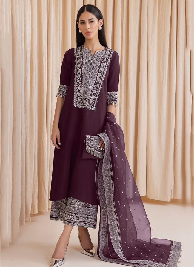 Wine Faux Georgette Eid Wear Embroidery Work Pakistani Suit