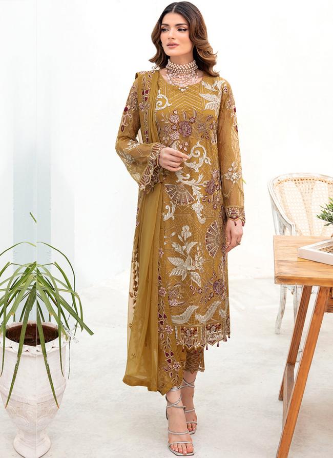 Mustard Faux Georgette Eid Wear Embroidery Work Pakistani Suit