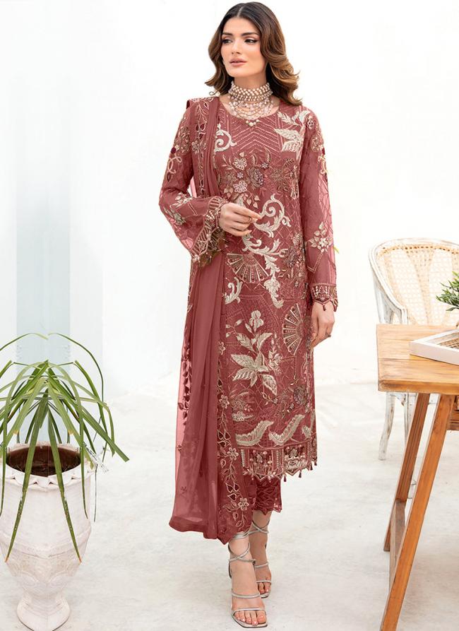 Rose Gold Faux Georgette Eid Wear Embroidery Work Pakistani Suit