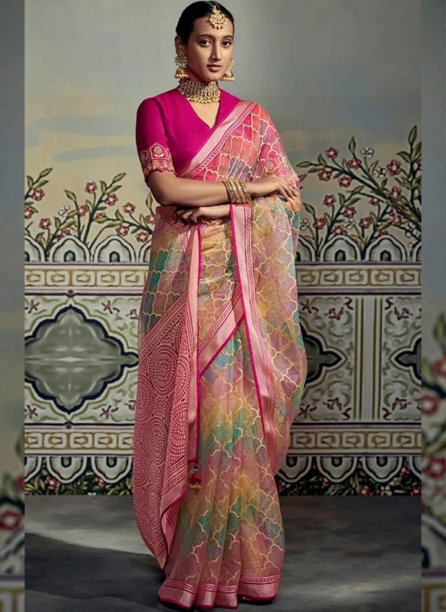 Baby Pink Brasso Party Wear Embroidery Work Saree