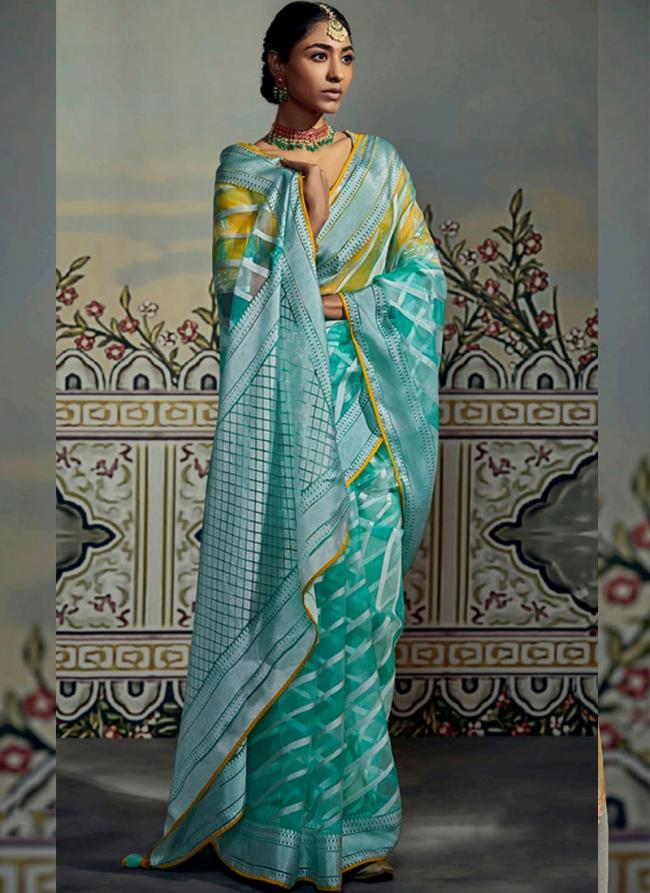 Sky Blue Brasso Party Wear Embroidery Work Saree