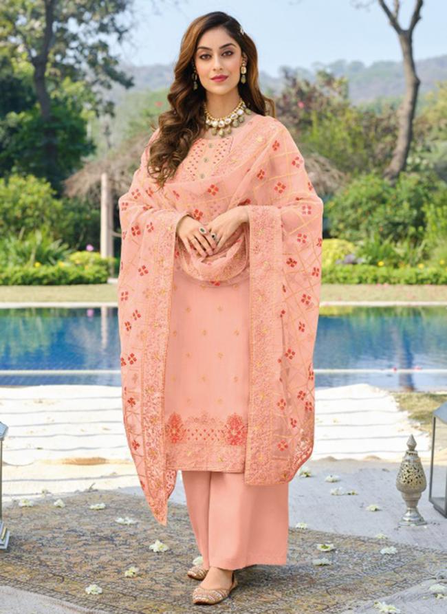 Peach Viscose Festival Wear Embroidery Work Palazzo Suit