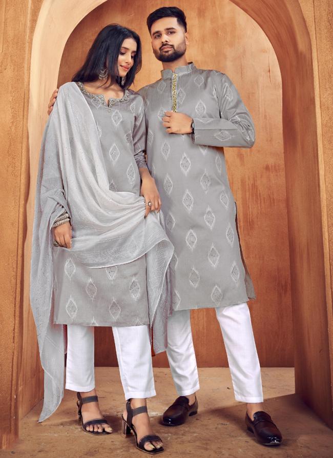 Grey Jacquard Silk Traditional Wear Sequins Work Couple Kurta