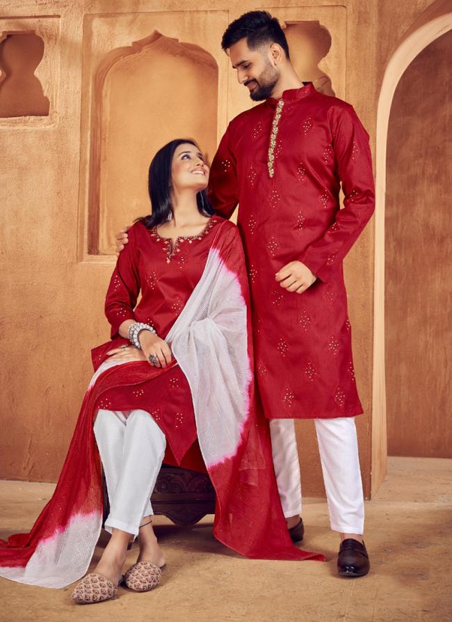 Red Jacquard Silk Traditional Wear Sequins Work Couple Kurta