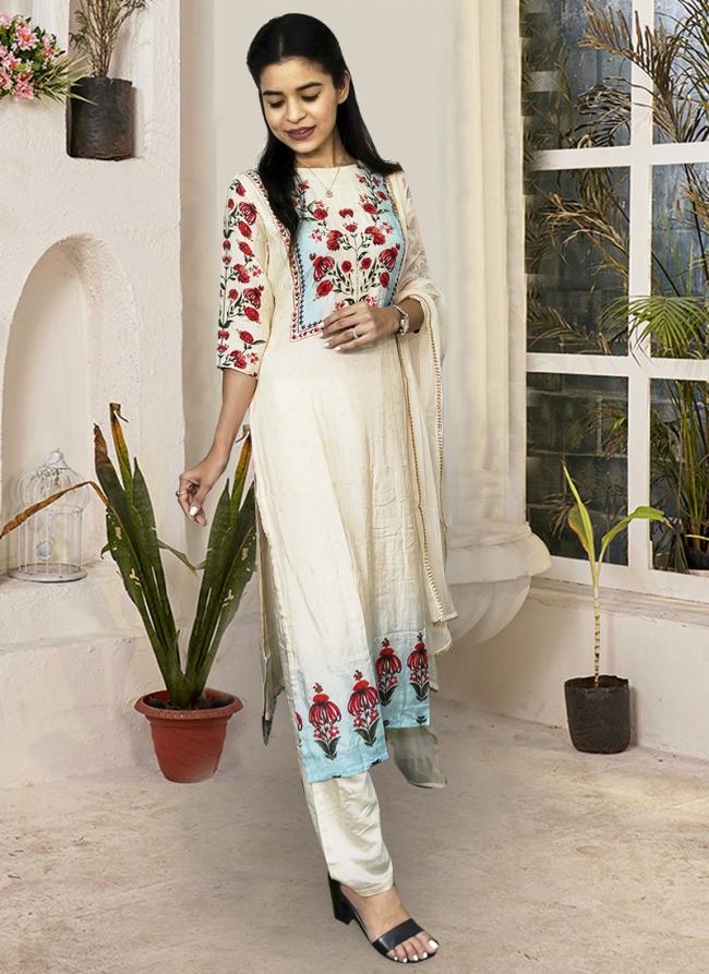 Cream Silk Festival Wear Embroidery Work Readymade Salwar Suit