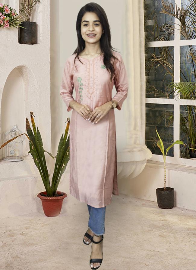 Peach Chanderi Traditional Wear Embroidery Work Kurti