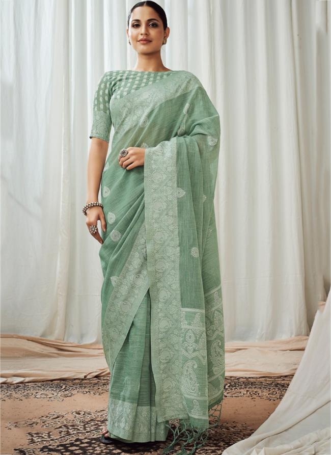 Pista green Linen Festival Wear Lucknowi Work Saree