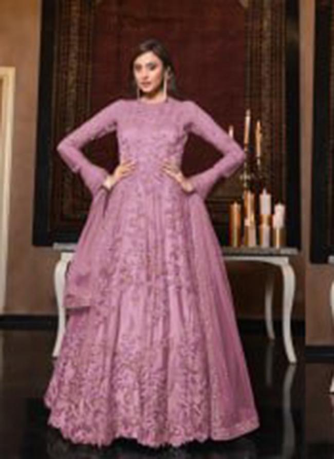 Pink Net Eid Wear Cording Work Anarkali Suit