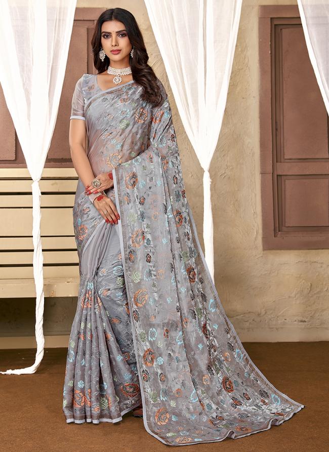 Grey Organza Wedding Wear Resham Work Saree