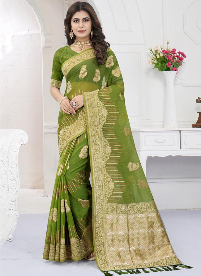 Light Green Viscose Organza Festival Wear Weaving Saree