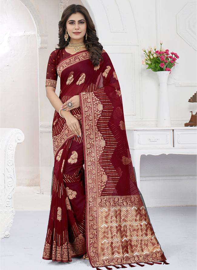 Maroon Viscose Organza Festival Wear Weaving Saree